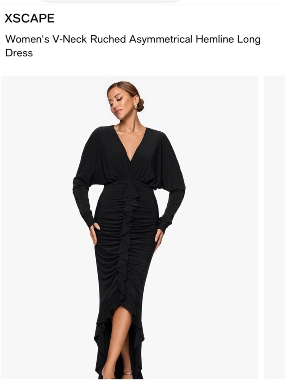 XSCAPE Modest Black V-Neck Ruched Asymmetrical Hemline Long Gown Dolman Sleeve 8